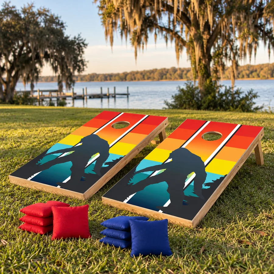 Cornhole boards with red and blue bags set up by the river in Welaka