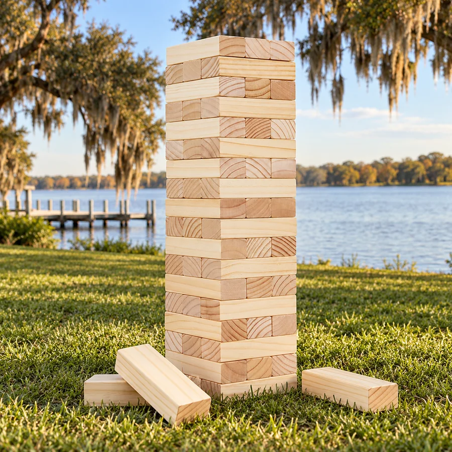 Giant wooden Jenga tower set up on the grass by the river in Welaka