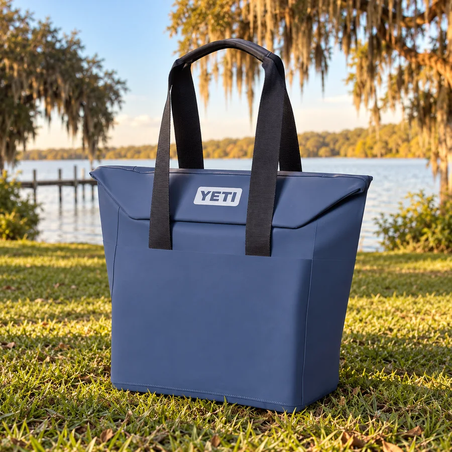 Slate-blue Yeti cooler on the grass by the St. Johns River in Welaka