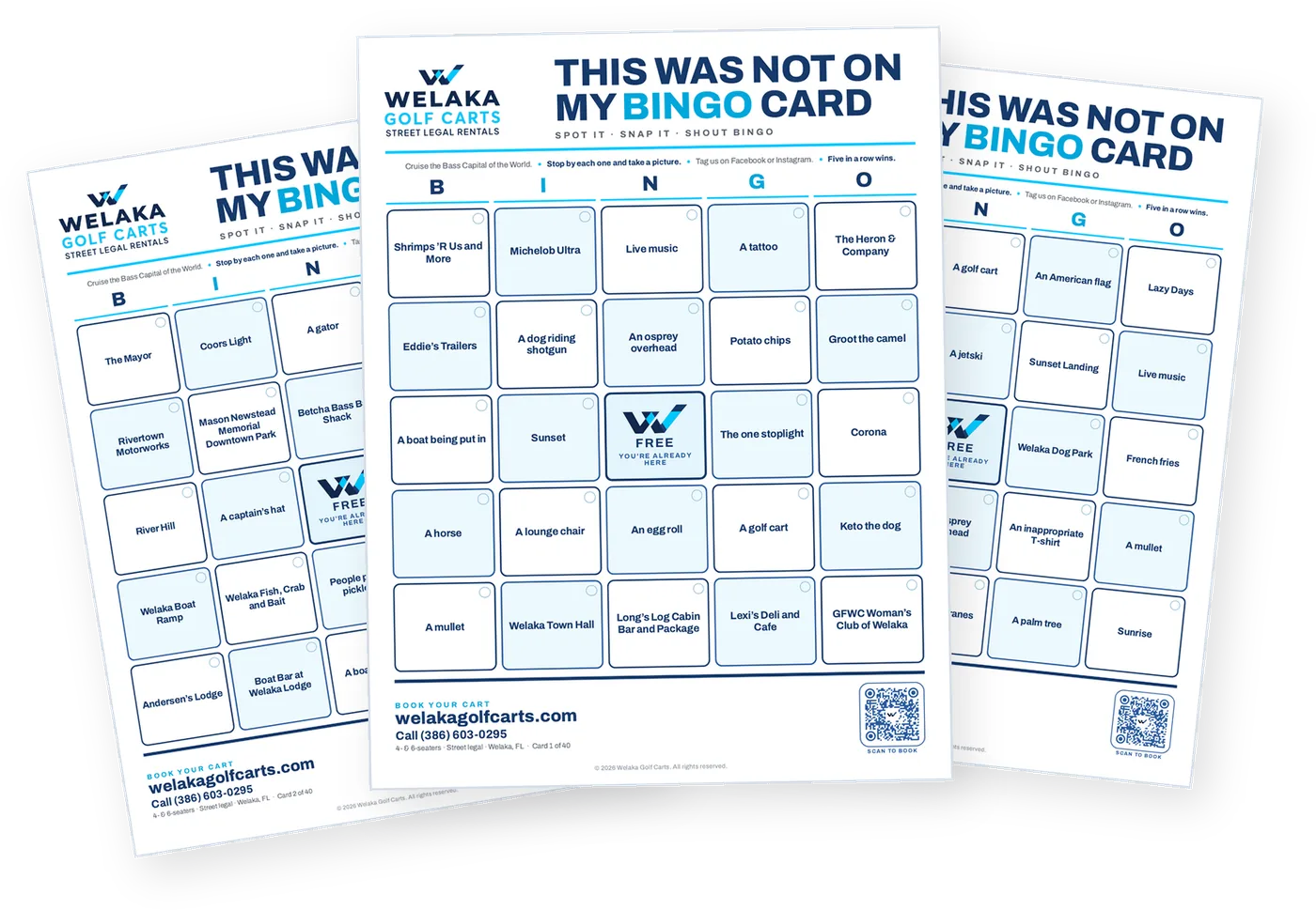Three Welaka Bingo cards fanned out, each with different squares