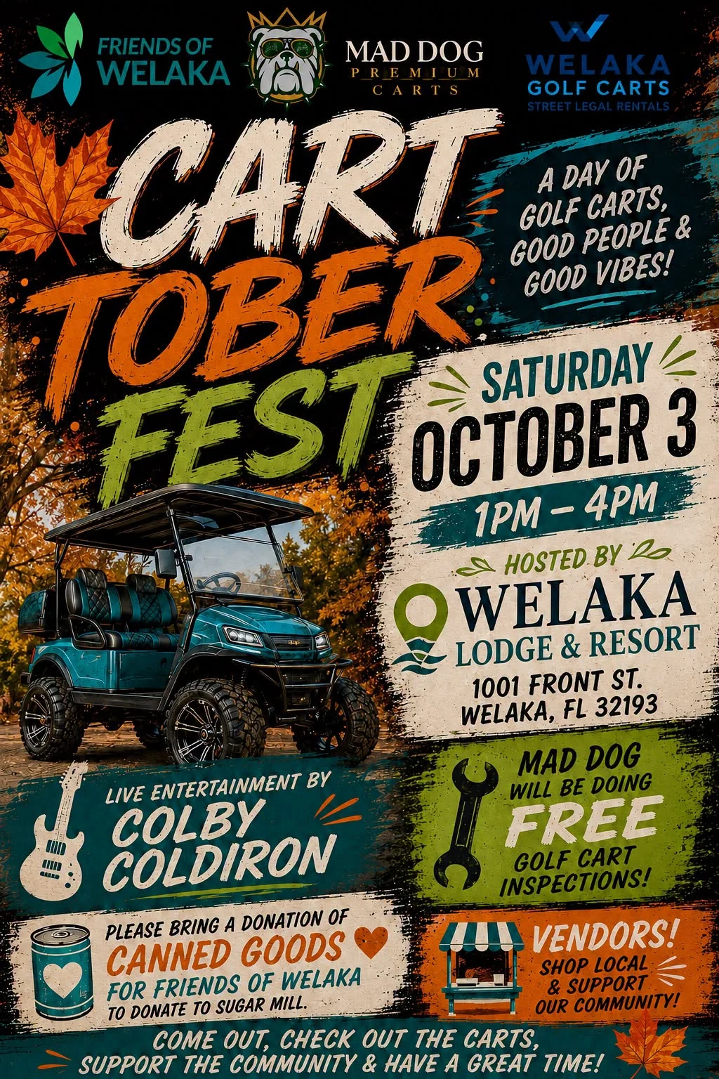 Cartoberfest flier: Saturday October 3, 1 to 4 PM at Welaka Lodge and Resort in Welaka, FL, with live music by Colby Coldiron, free Mad Dog cart inspections, a canned goods drive and local vendors