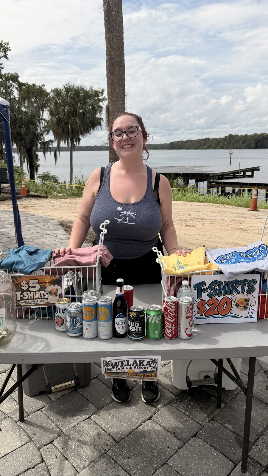 Welaka T-shirts and drinks for sale by the river at Cartoberfest