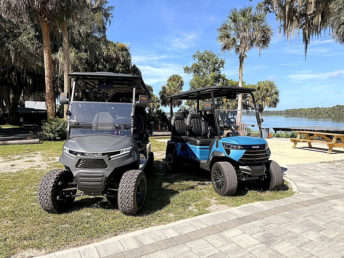Welaka golf carts parked by the river in Welaka