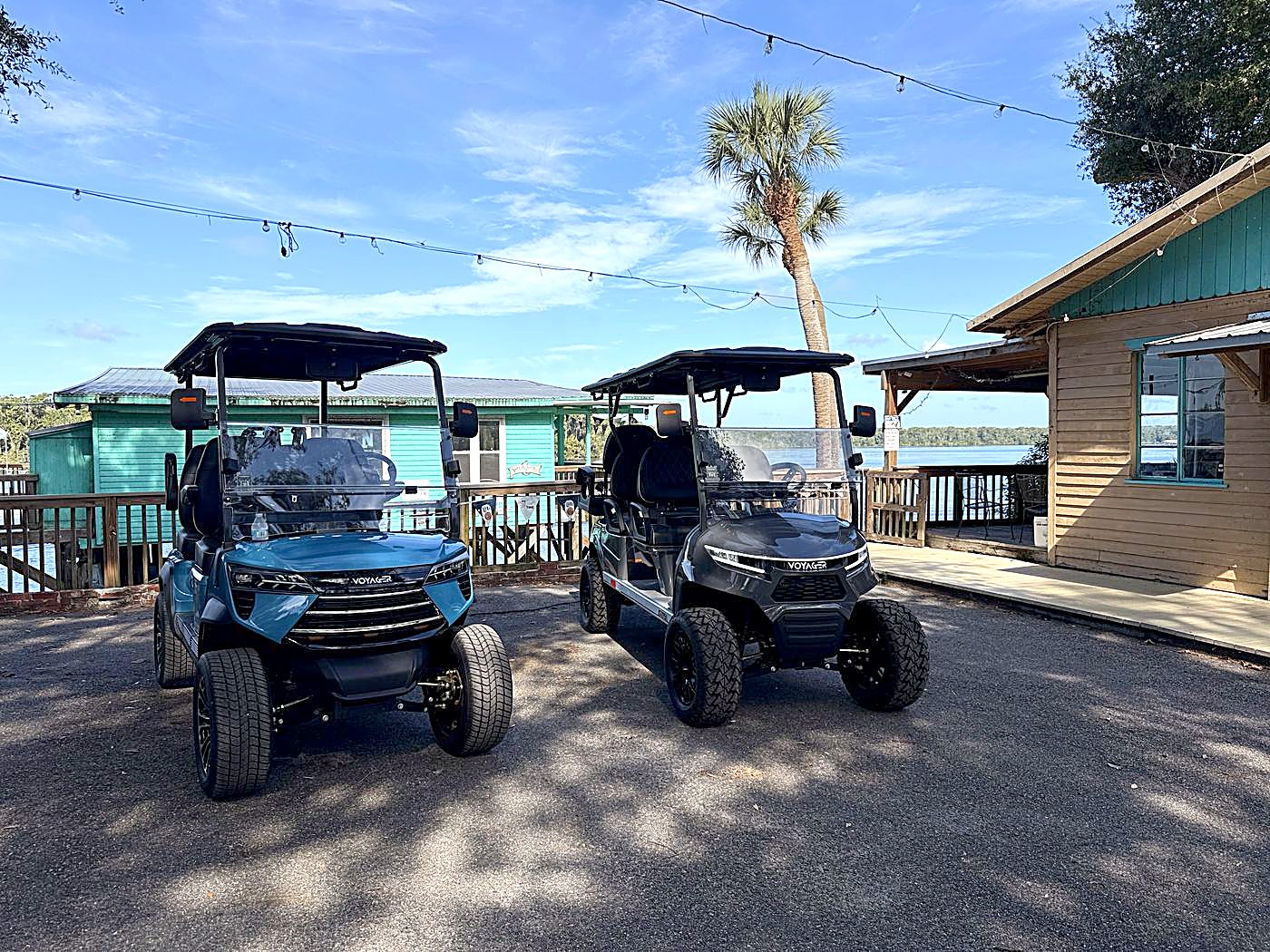 Golf carts by the water at a Welaka marina
