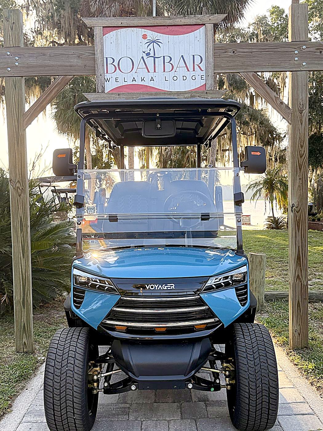 Golf cart at the Boat Bar and Welaka Lodge entrance