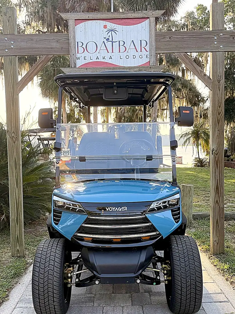 Golf cart at the Boat Bar and Welaka Lodge entrance