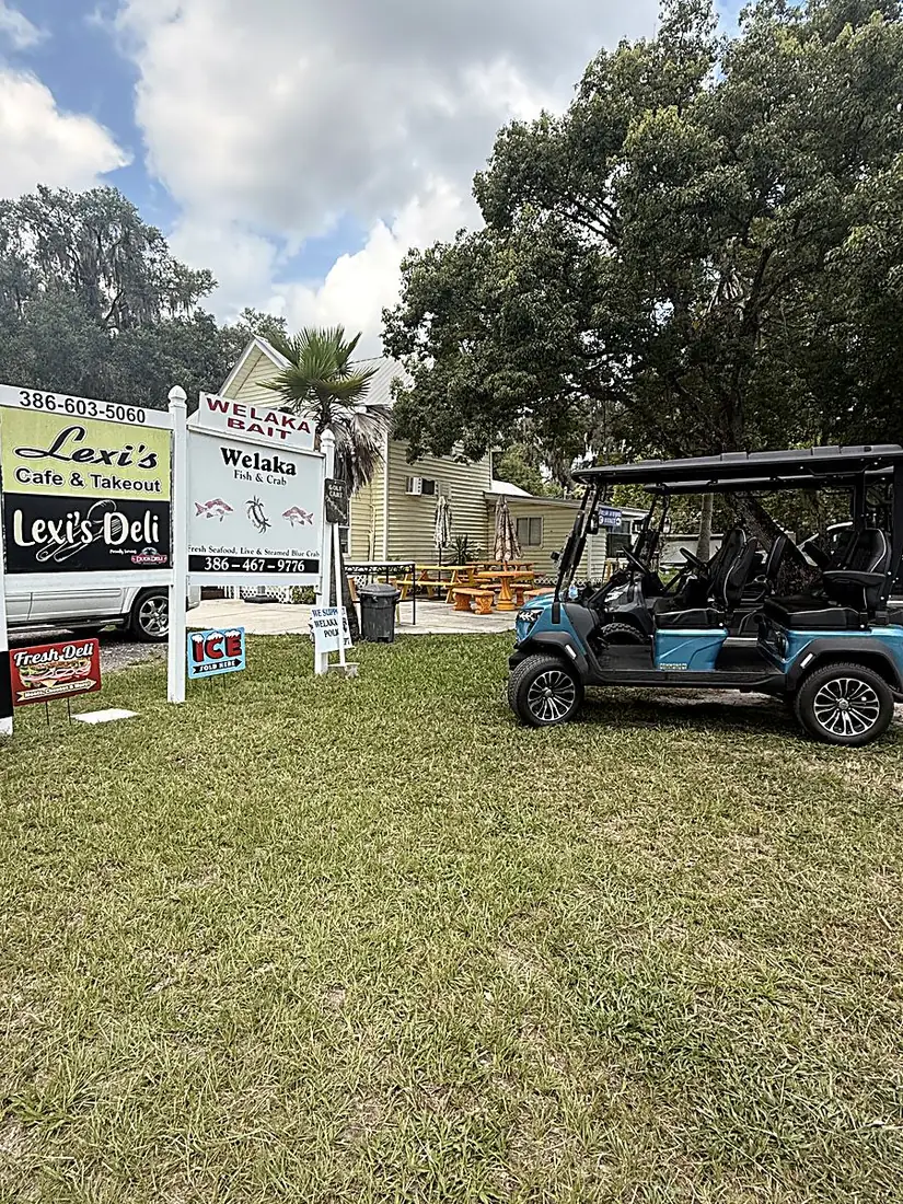 Blue Welaka golf cart parked at Lexi's Cafe and Deli in Welaka, Florida