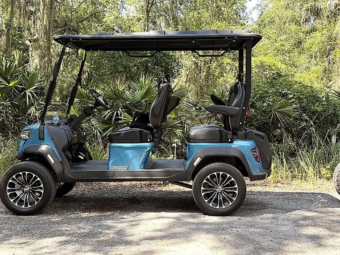 Blue and gray Welaka golf carts under the oaks and Spanish moss