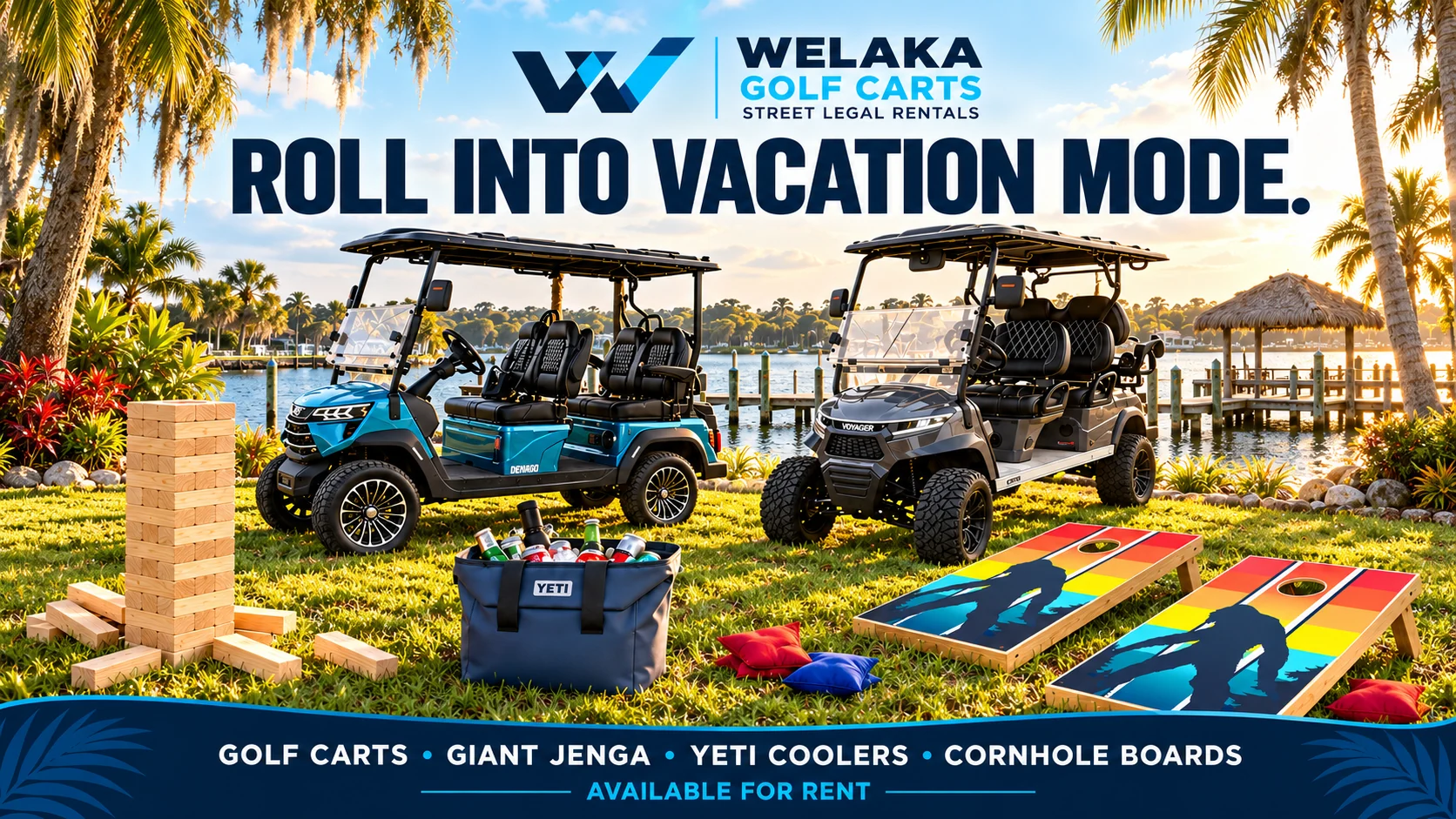 Roll into vacation mode: blue 4-seater and gray 6-seater street-legal Welaka golf carts on the river, with giant Jenga, a Yeti cooler and cornhole boards available for rent
