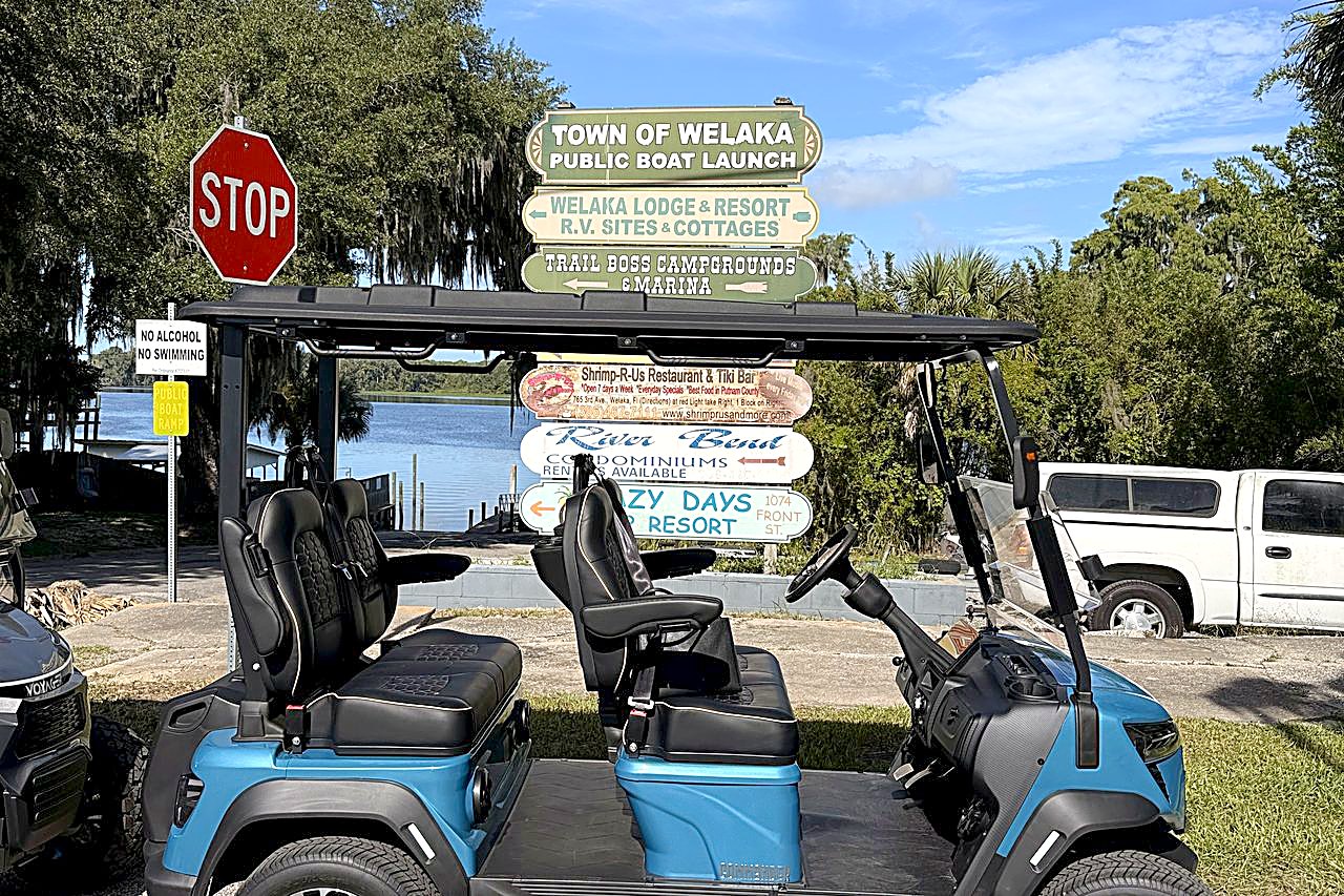 Blue Welaka golf cart at the Town of Welaka public boat launch